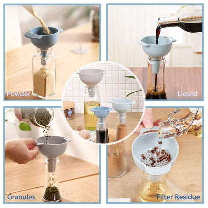 3 in 1 Kitchen Funnel Set of 3, Funnel for Filling Bottle, Small Canning Funnel with Handle, Food Grade Plastic Funnel with Detachable Strainer Filter for Liquid, Dry Ingredients, and Powder Your Brand