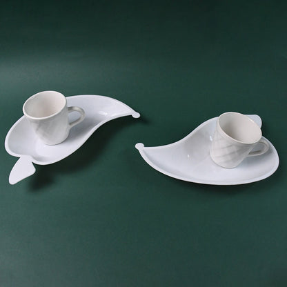 Unibic Ceramic Tea Cups With Plastic Leaf Shape tray / Platter (6 Pcs Set) Your Brand