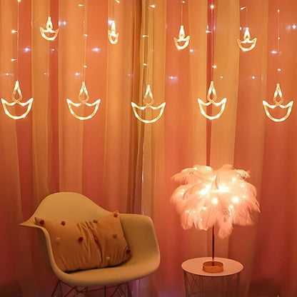 12 Diya Curtain String Lights, Window Curtain Lights with 8 Flashing Modes Decoration Light (White Color) Your Brand