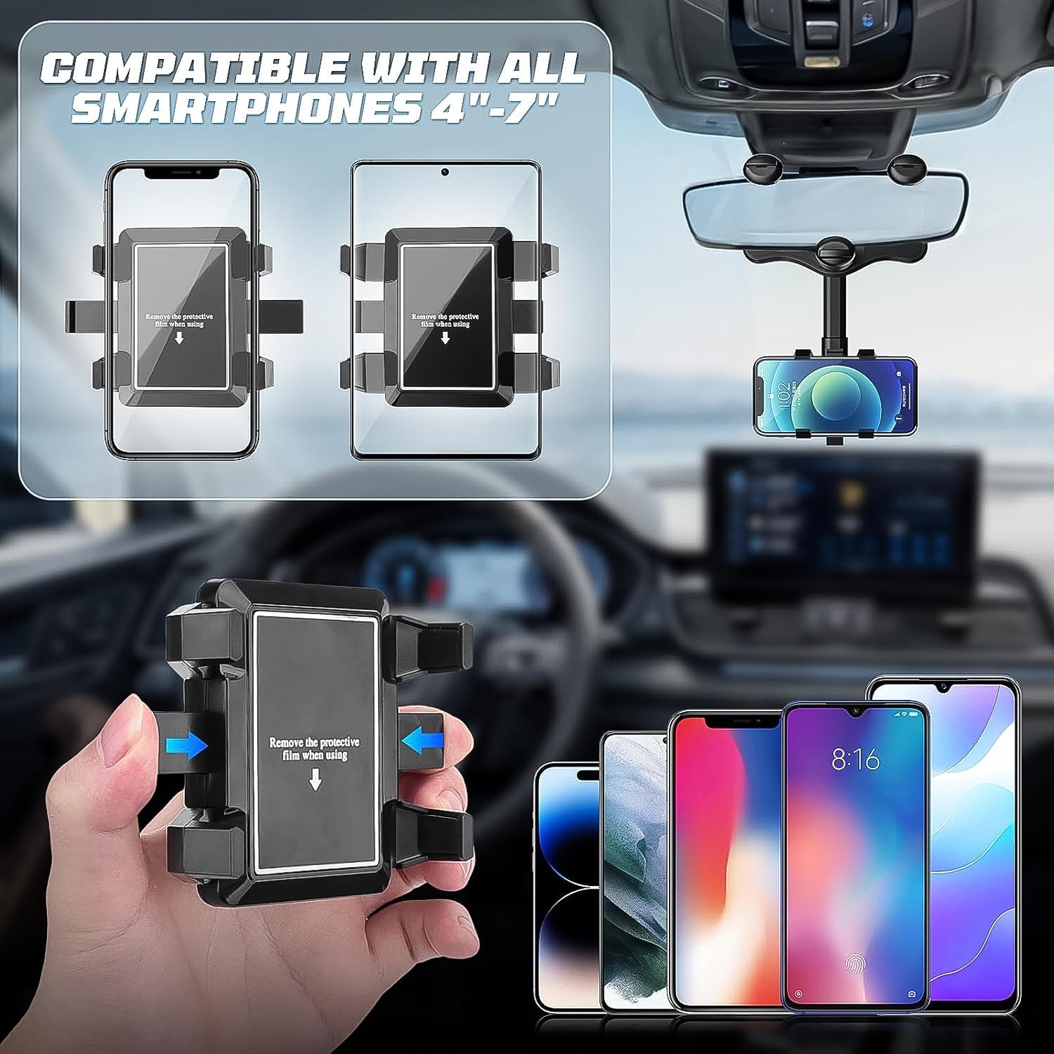 360 ° Rotating Car Rear View Mirror Phone Holder (1 Pc) Your Brand