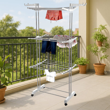 3-Tier Foldable Stainless Steel Cloth Drying Stand with Wheels Your Brand