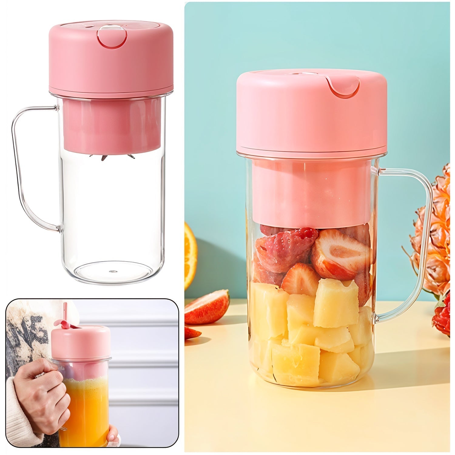 Portable Crusher Juicer With Handle & Straw, USB Rechargeable Multi Blades (420 ML) Your Brand