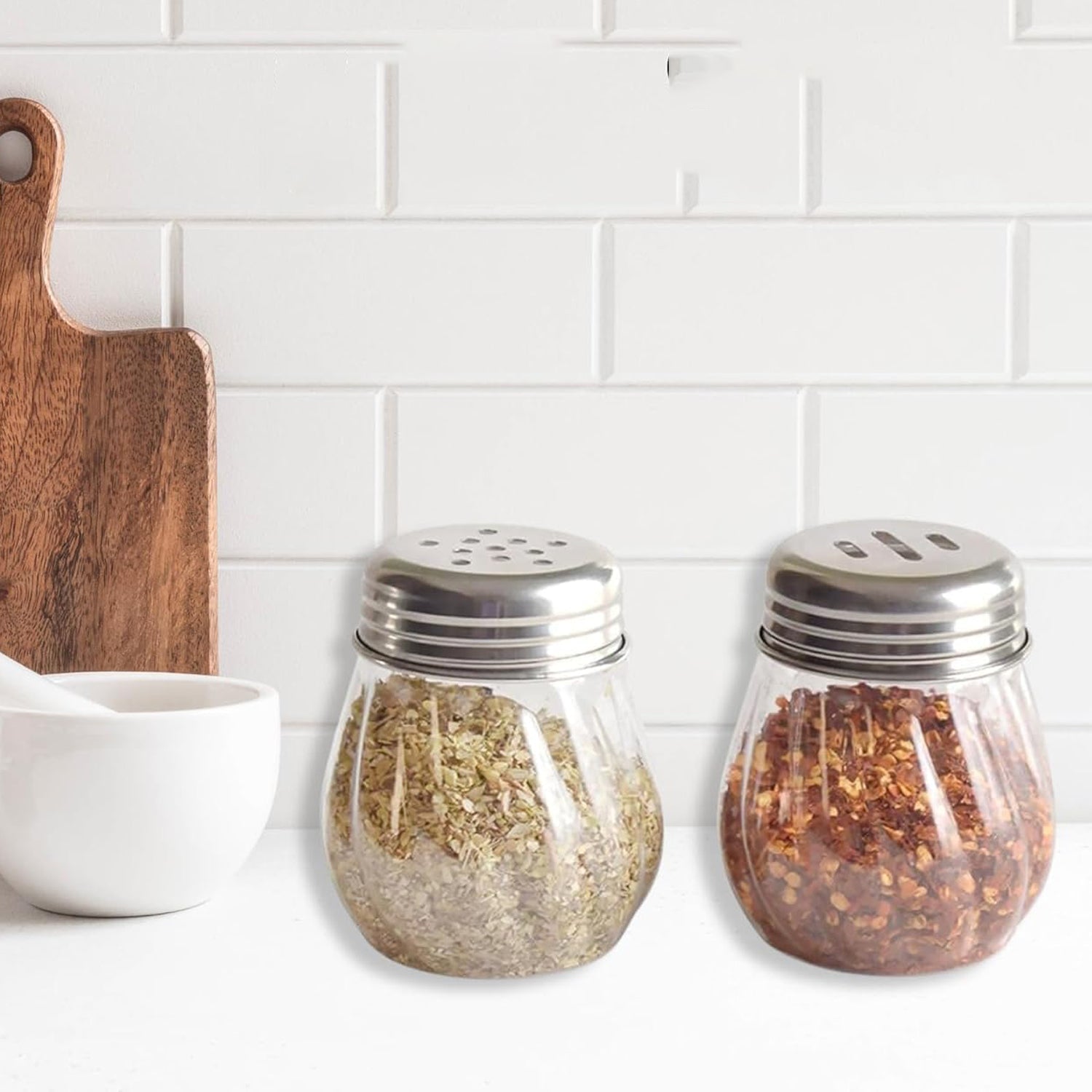 Apex Oregano & Chilli Flakes Dispenser Set – 2 Pcs Plastic Spice Shaker with Stainless Steel Lid Your Brand