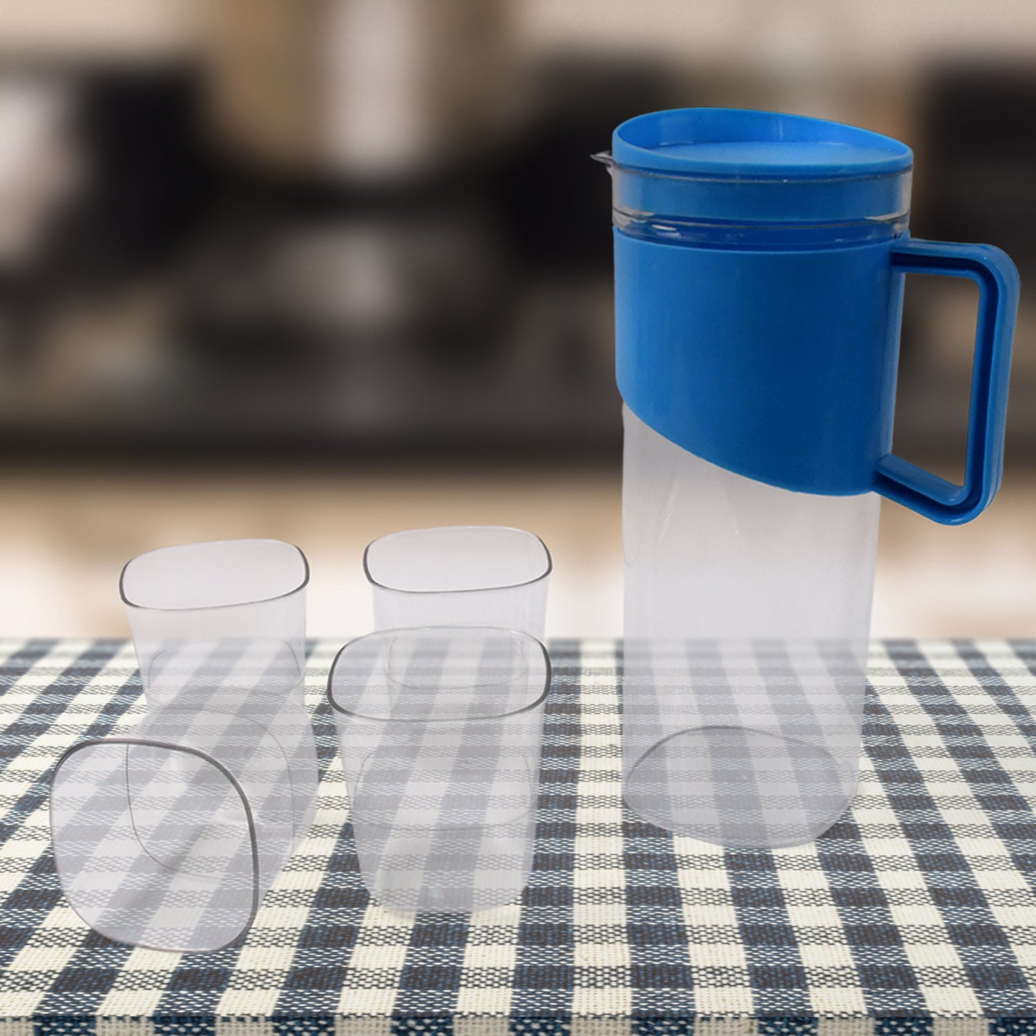 Transparent Stylish Premium Jug with Elegant Handle (2000 ML Jug Approx & 4 Pcs Plastic Glass) Your Brand
