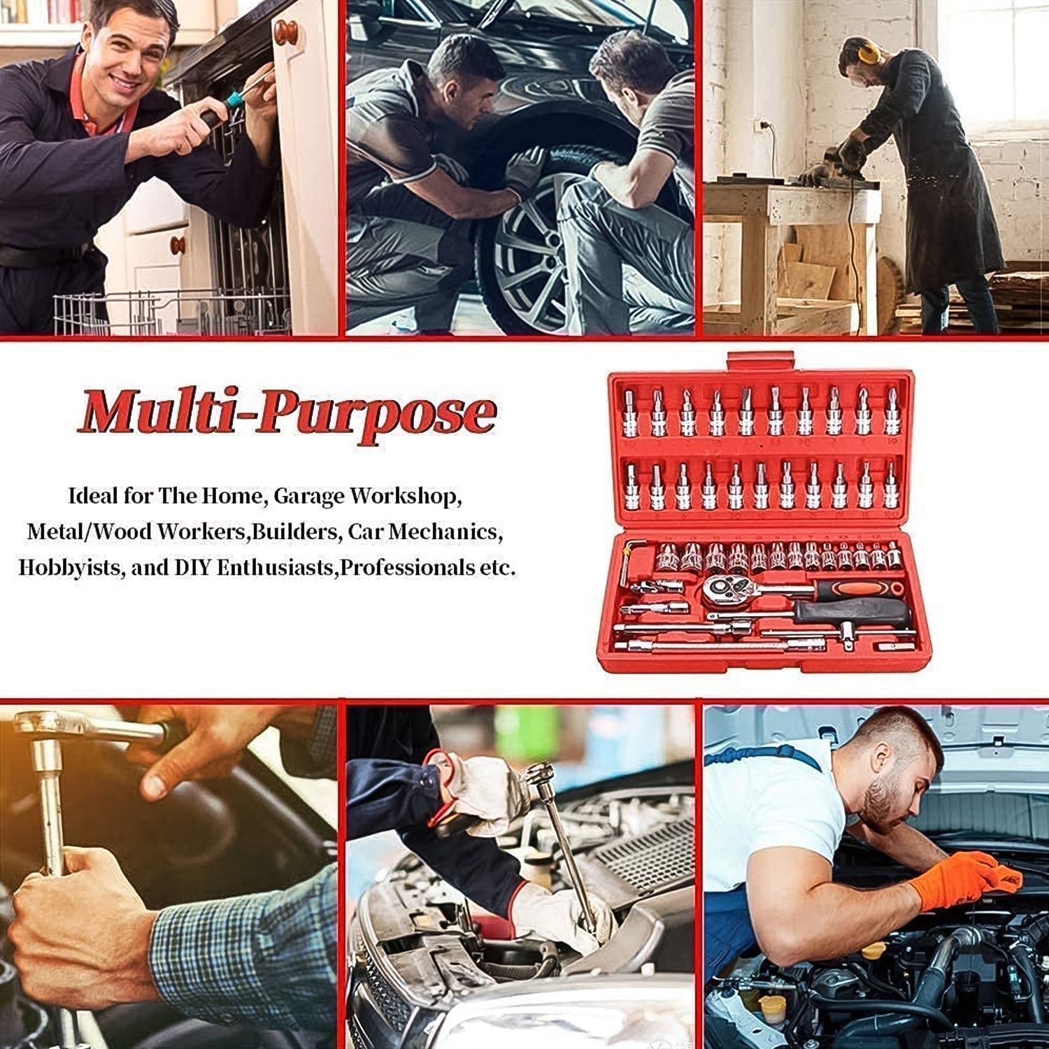 Socket 1 / 4 Inch Combination Repair Tool Kit (Red, 46 pcs) Your Brand