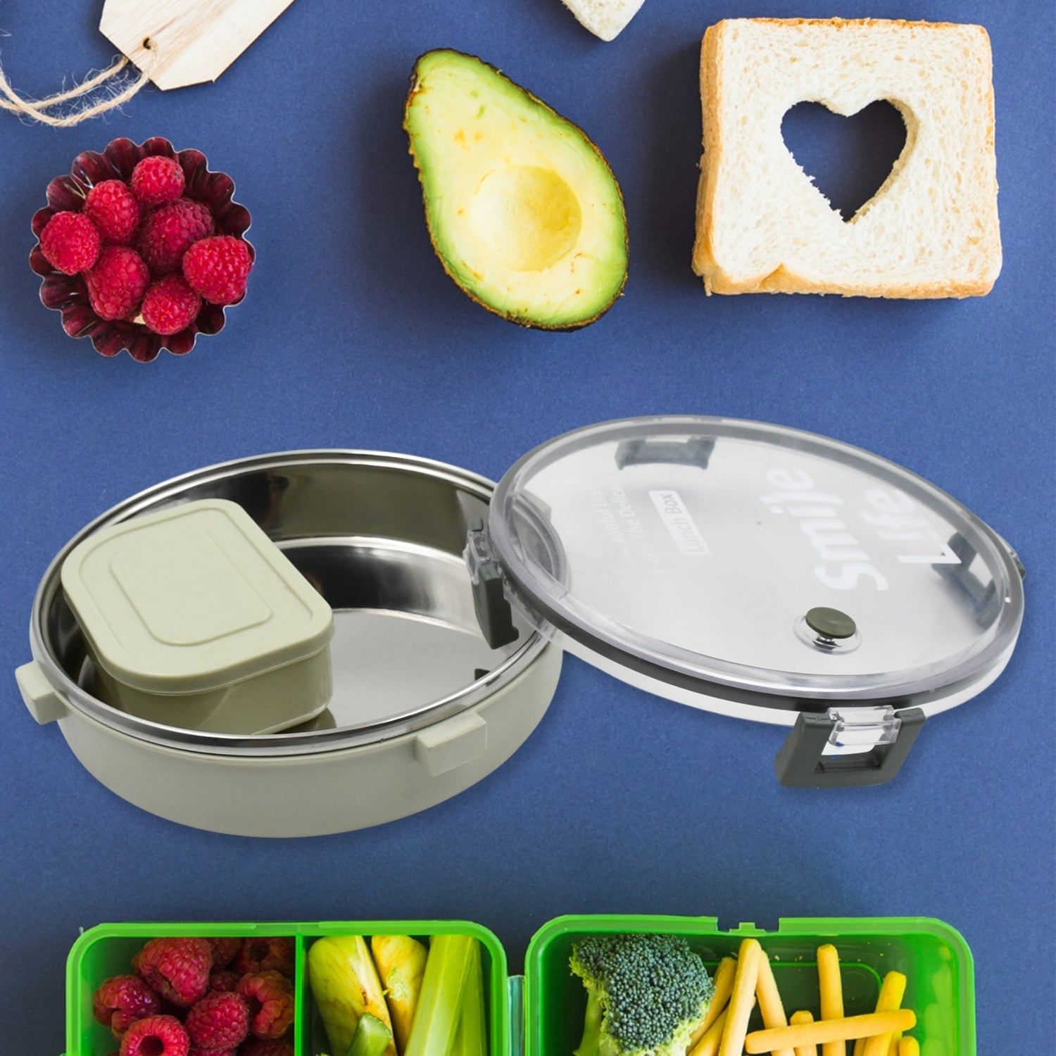 Miracle Stainless Steel Round Lunch Box, with Small Plastic Box Insert Leak Proof Lunch Box with Transparent lid, Lunch Box for Kids & Adults for School, Office (450 ML + 250 ML Approx) Your Brand