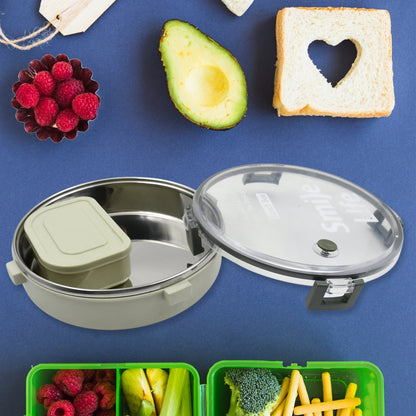 Miracle Stainless Steel Round Lunch Box, with Small Plastic Box Insert Leak Proof Lunch Box with Transparent lid, Lunch Box for Kids & Adults for School, Office (450 ML + 250 ML Approx) Your Brand