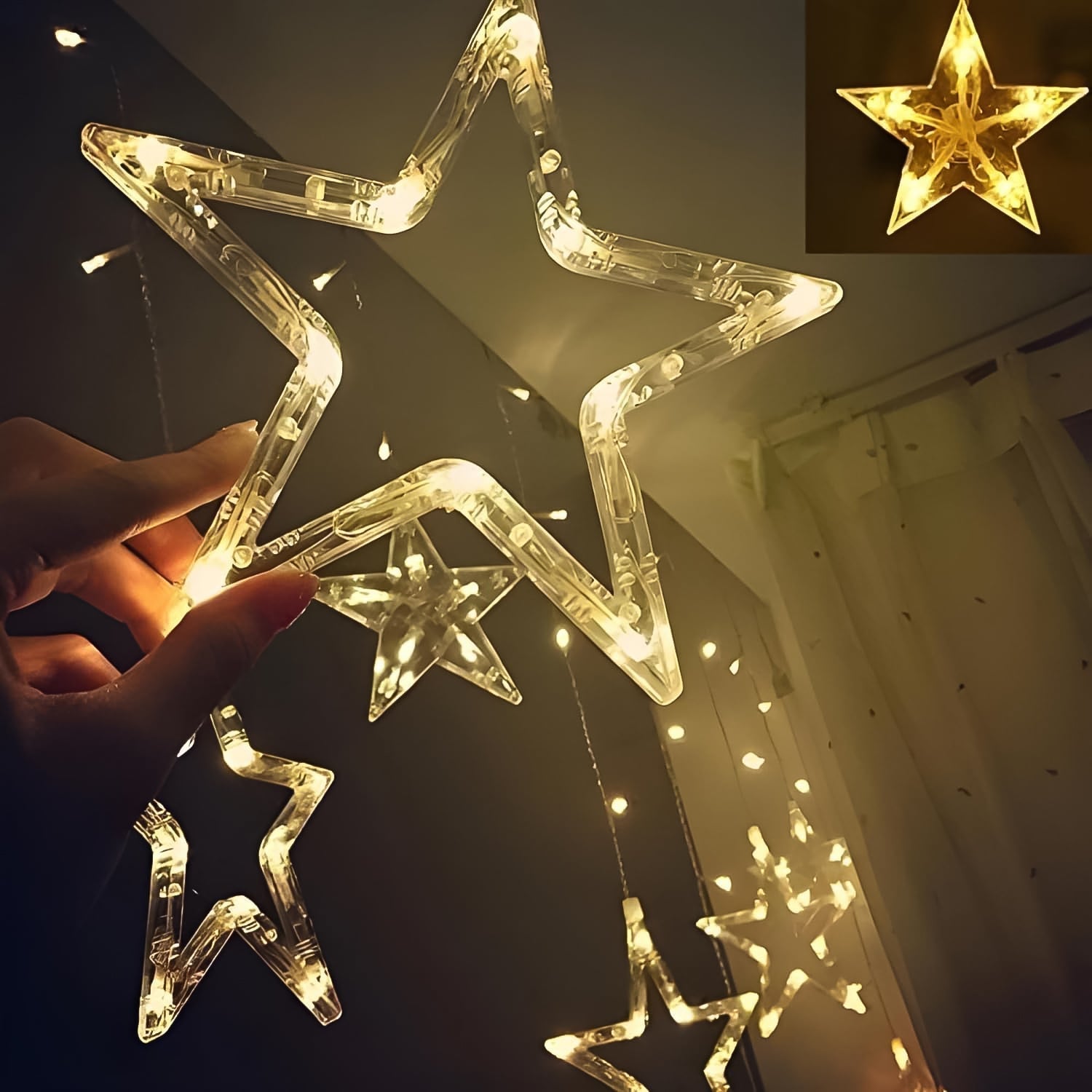 12 Stars LED Curtain String Lights with 8 Flashing Modes for Home Decoration, Diwali & Wedding LED Christmas Light Indoor and Outdoor Light ,Festival Decoration  (Warm White / With Box) Your Brand