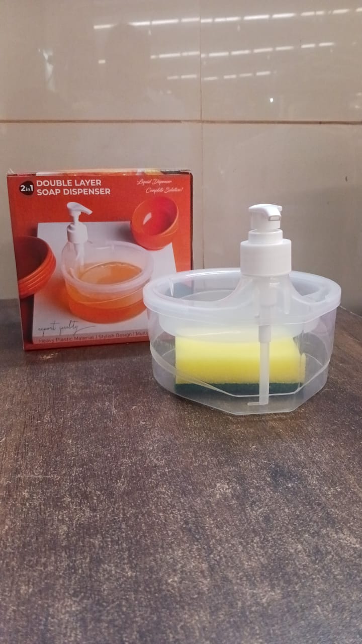 2-in-1 Double Layer Liquid Soap Dispenser with Pump & Sponge – Practical Kitchen & Hotel Sink Soap Pump Bottle (Rectangle) Your Brand