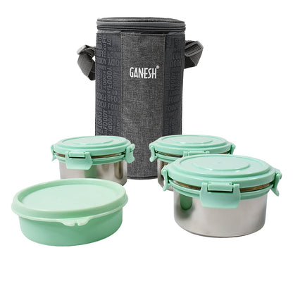 Ganesh 4In1 Tiffin Box-Lunch Box | 3 Stainless Steel Containers 300 Ml Approx & Plastic Salad Container 200 Ml Approx| Plastic lid Box | Round Zip Bag | Leak Proof | Microwave Safe for Office, College and School for Men, Women  Your Brand