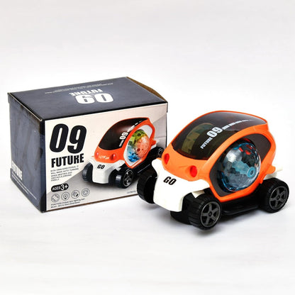 360° Rotating Stunt Car Toy – Bump & Go with 4D Lights, Music & Disco Ball (1 Pc, Battery Not Included) Your Brand