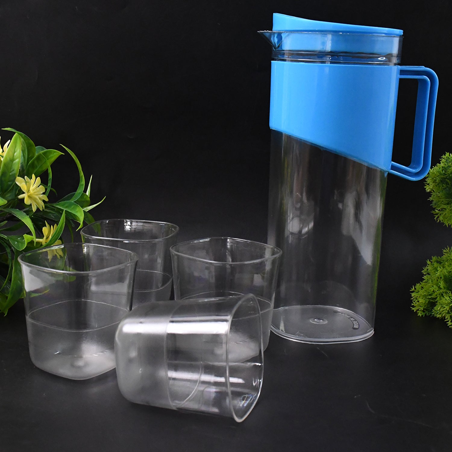 Transparent Stylish Premium Jug with Elegant Handle (2000 ML Jug Approx & 4 Pcs Plastic Glass) Your Brand
