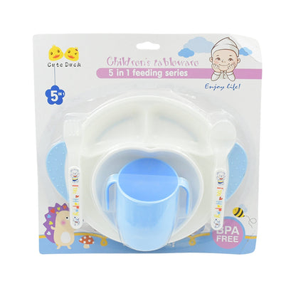 5in1 Baby Feeding Set for Kids and Toddlers,Children Children Dinnerware Set - Feeding Set for Kids, Cartoon Design Plate, Cup, Spoon, Fork  Tableware Cutlery for Kids Microwave (5 Pcs Set) Your Brand