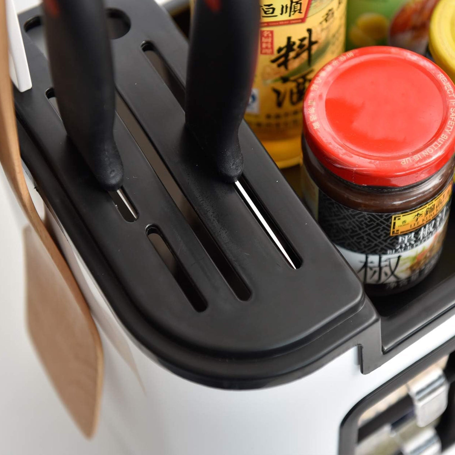 Multifunctional Kitchen Storage Organizer Rack with 6 Spice Containers, Knife & Spoon Holder, and Top Shelf Your Brand