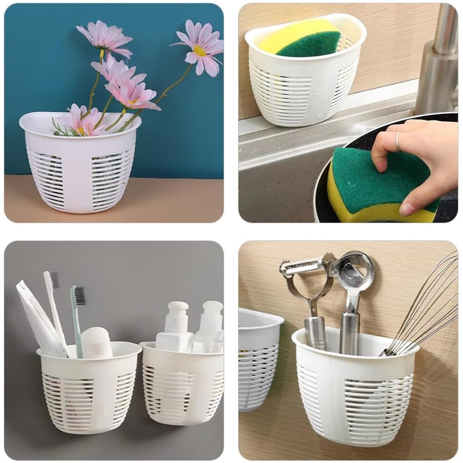 Hanging Plastic Storage Basket, Adhesive Wall Mounted Organizer Box Make Up Holder Shelf Bathroom Wall Basket Punch Free Drain Basket for Kitchen Bathroom, Wall Type Storage Basket (1 Pc) Your Brand