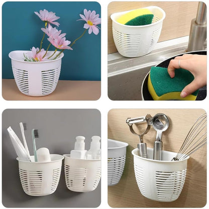 Hanging Plastic Storage Basket, Adhesive Wall Mounted Organizer Box Make Up Holder Shelf Bathroom Wall Basket Punch Free Drain Basket for Kitchen Bathroom, Wall Type Storage Basket (1 Pc) Your Brand