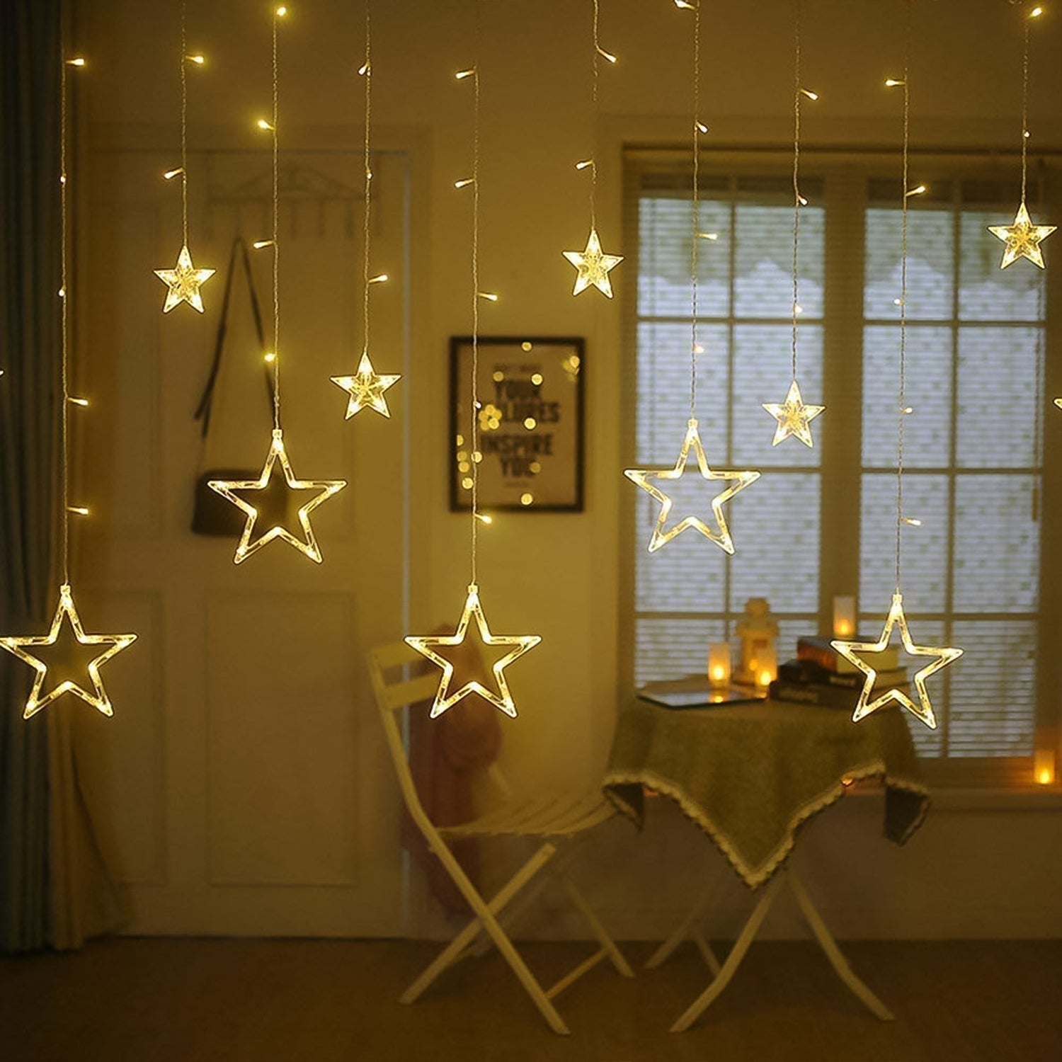 12 Stars LED Curtain String Lights with 8 Flashing Modes for Home Decoration, Diwali & Wedding LED Christmas Light Indoor and Outdoor Light ,Festival Decoration  (Warm White / With Box) Your Brand