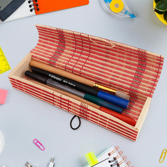 Multi-Purpose Handcrafted Bamboo Mat Style Pen Pencil & Makeup Box (1 Pc) Your Brand