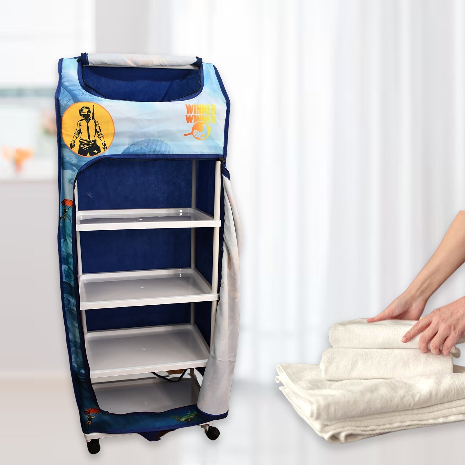 Multi Purpose Foldable Baby Wardrobe / Toy Box 5 Shelves Cartoon Printed Your Brand