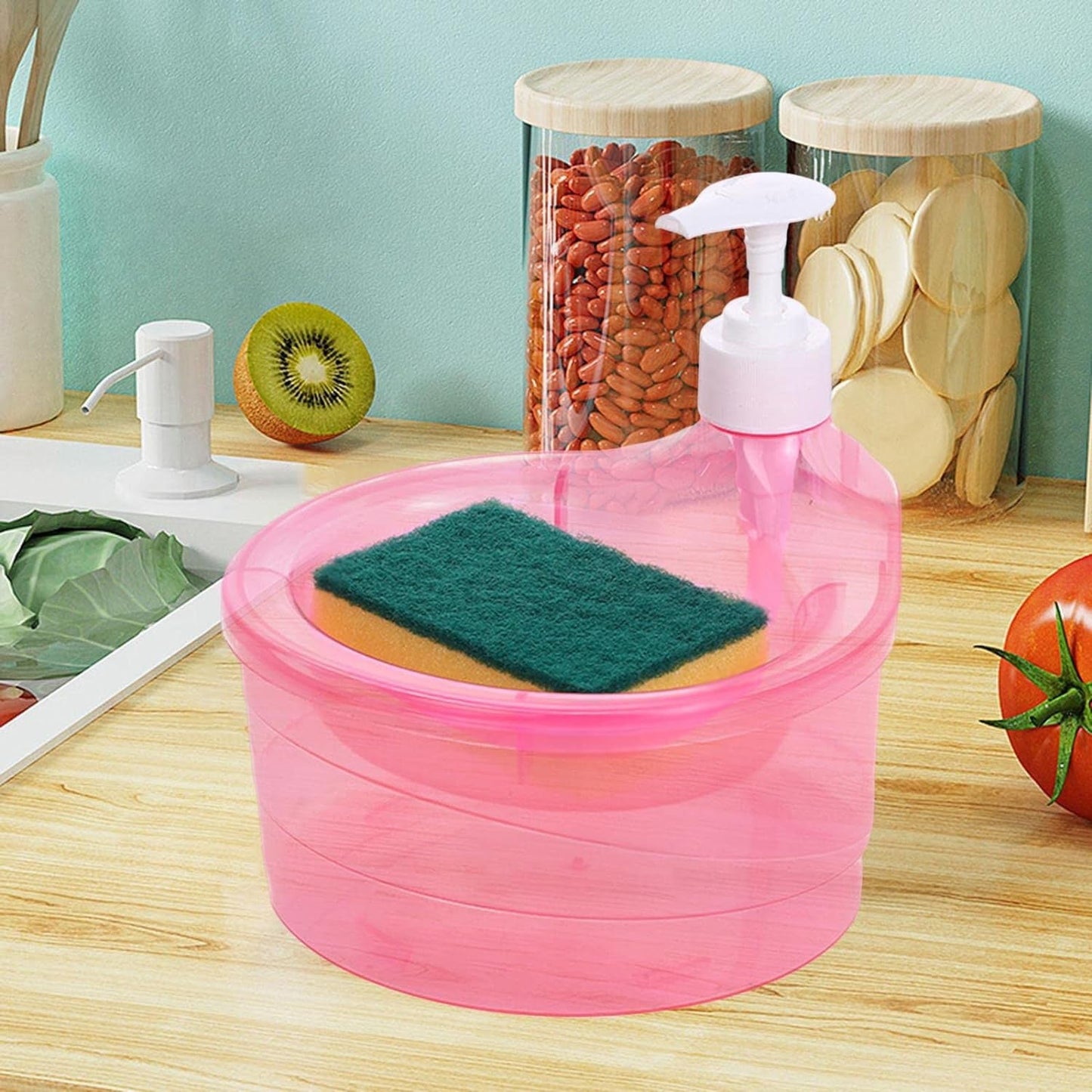 2-in-1 Double Layer Liquid Soap Dispenser with Pump & Sponge – Practical Kitchen & Hotel Sink Soap Pump Bottle (Rectangle) Your Brand