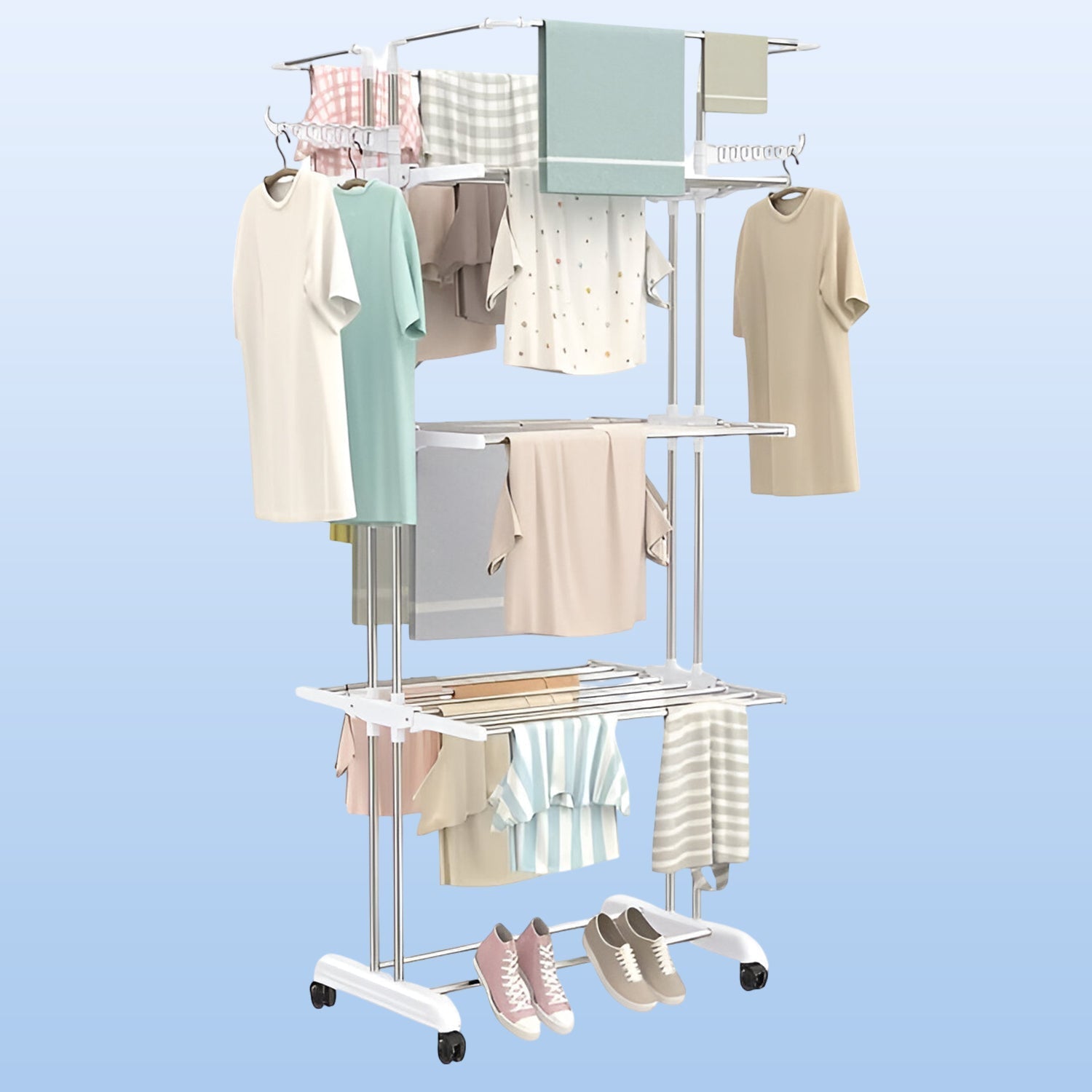 3-Tier Foldable Stainless Steel Cloth Drying Stand with Wheels Your Brand