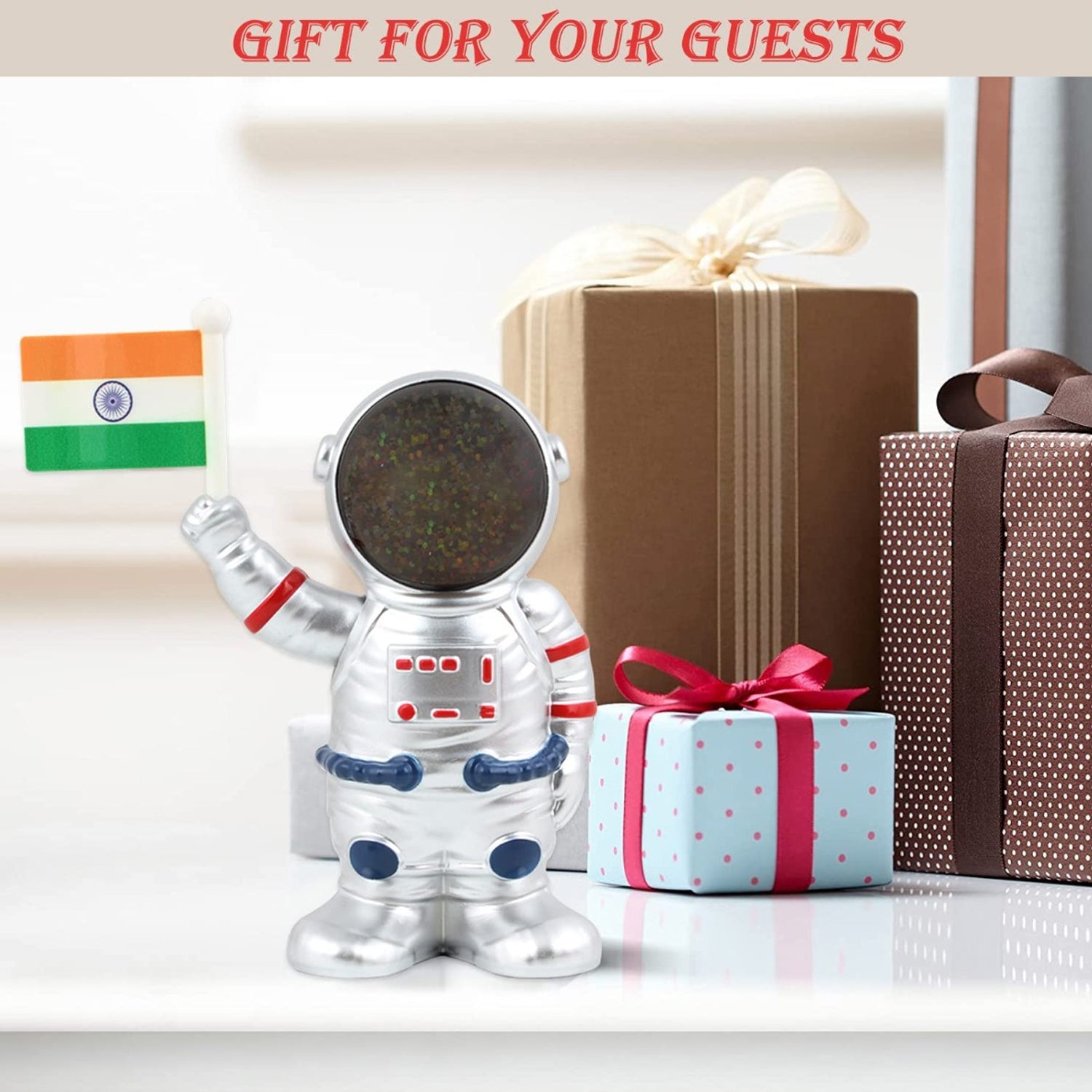 Solar Power Astronaut Ornament Moving Hand with Indian Flag (1 Pc) Your Brand
