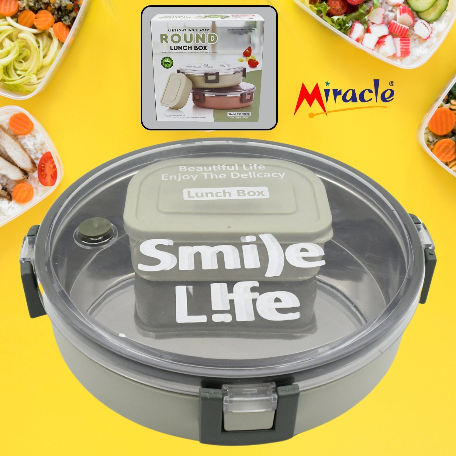 Miracle Stainless Steel Round Lunch Box, with Small Plastic Box Insert Leak Proof Lunch Box with Transparent lid, Lunch Box for Kids & Adults for School, Office (450 ML + 250 ML Approx) Your Brand