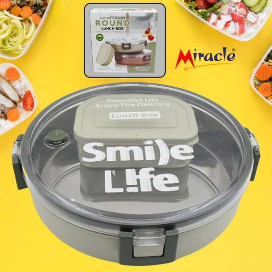 Miracle Stainless Steel Round Lunch Box, with Small Plastic Box Insert Leak Proof Lunch Box with Transparent lid, Lunch Box for Kids & Adults for School, Office (450 ML + 250 ML Approx) Your Brand