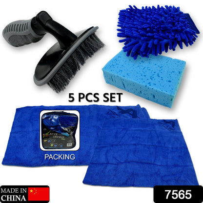 Car / Bike Cleaning Combo Microfiber Car Wash Sponge and Gloves, Automobile Cleaning Sponges, 2 Wash Towel, 1 Brush, 1 Sponge, 1 Gloves, Car Wash Cleaning Tools Kit (5 Pcs Set) Your Brand
