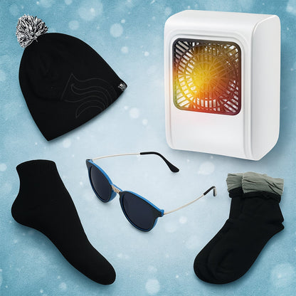 Winter Warm Set- Bennie hat, Room Heater, Sunglasses And Socks (5 Pcs Combo) Your Brand