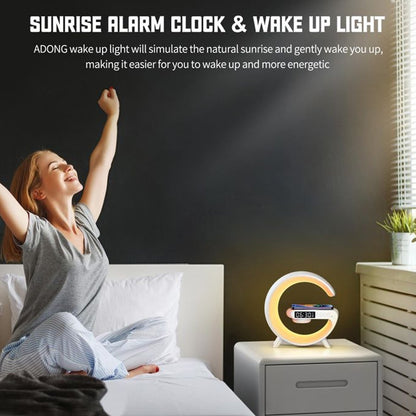 Smart Alarm Clock with G-Shape RGB Light Bluetooth Speaker, Wireless Charging (1 Pc) Your Brand