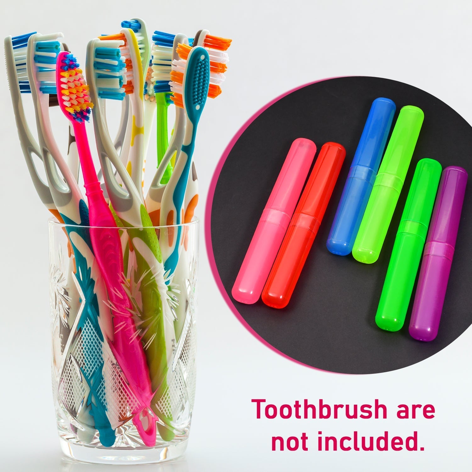 Colorful toothbrush travel covers in pink, green, and orange next to a glass of toothbrushes