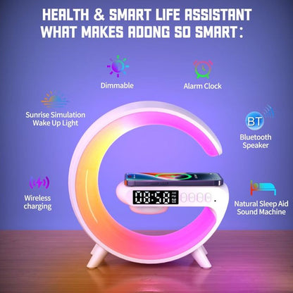 Smart Alarm Clock with G-Shape RGB Light Bluetooth Speaker, Wireless Charging (1 Pc) Your Brand