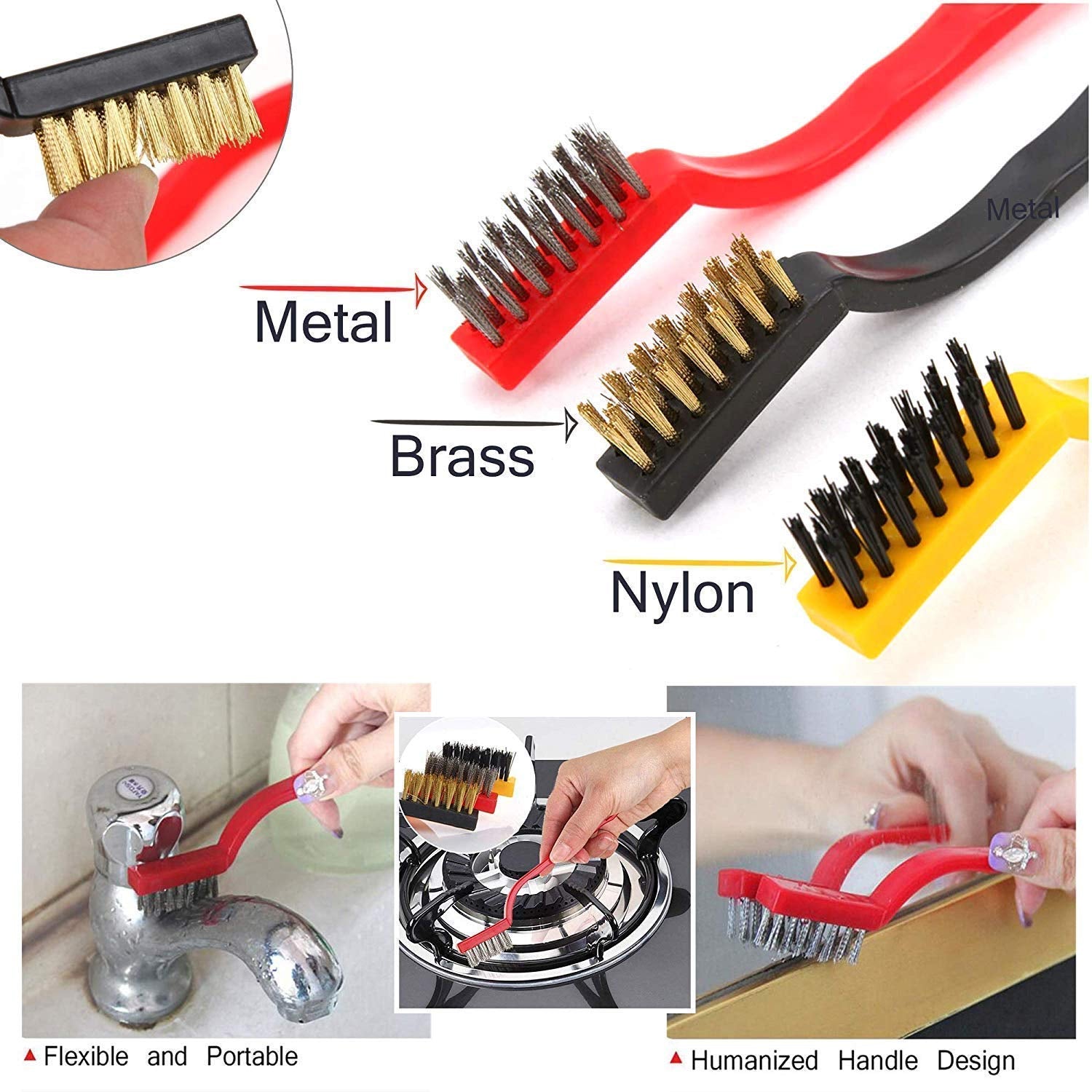 Mini Wire Brush Set - Brass, Nylon, Steel for Cleaning & Rust Removal (3 Pcs Set) Your Brand