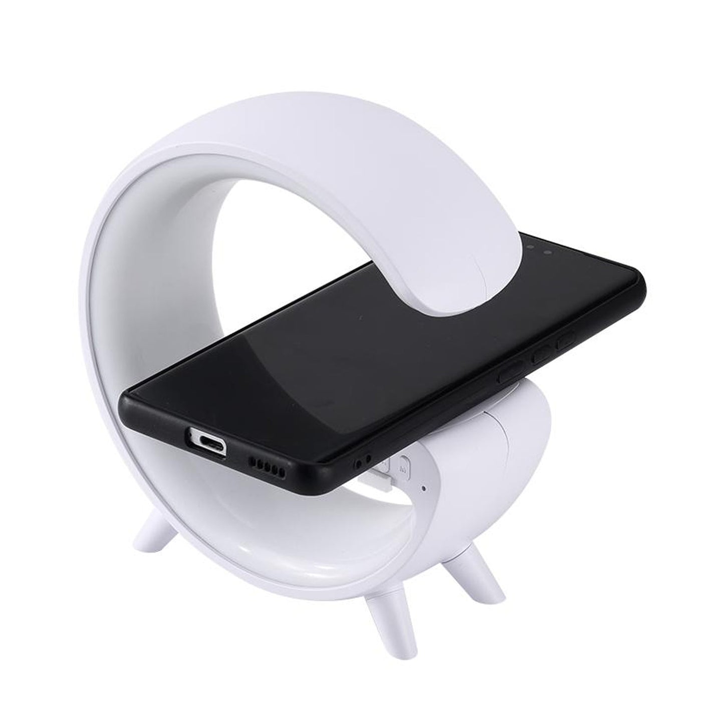 Smart Alarm Clock with G-Shape RGB Light Bluetooth Speaker, Wireless Charging (1 Pc) Your Brand