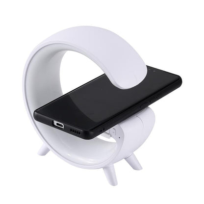 Smart Alarm Clock with G-Shape RGB Light Bluetooth Speaker, Wireless Charging (1 Pc) Your Brand