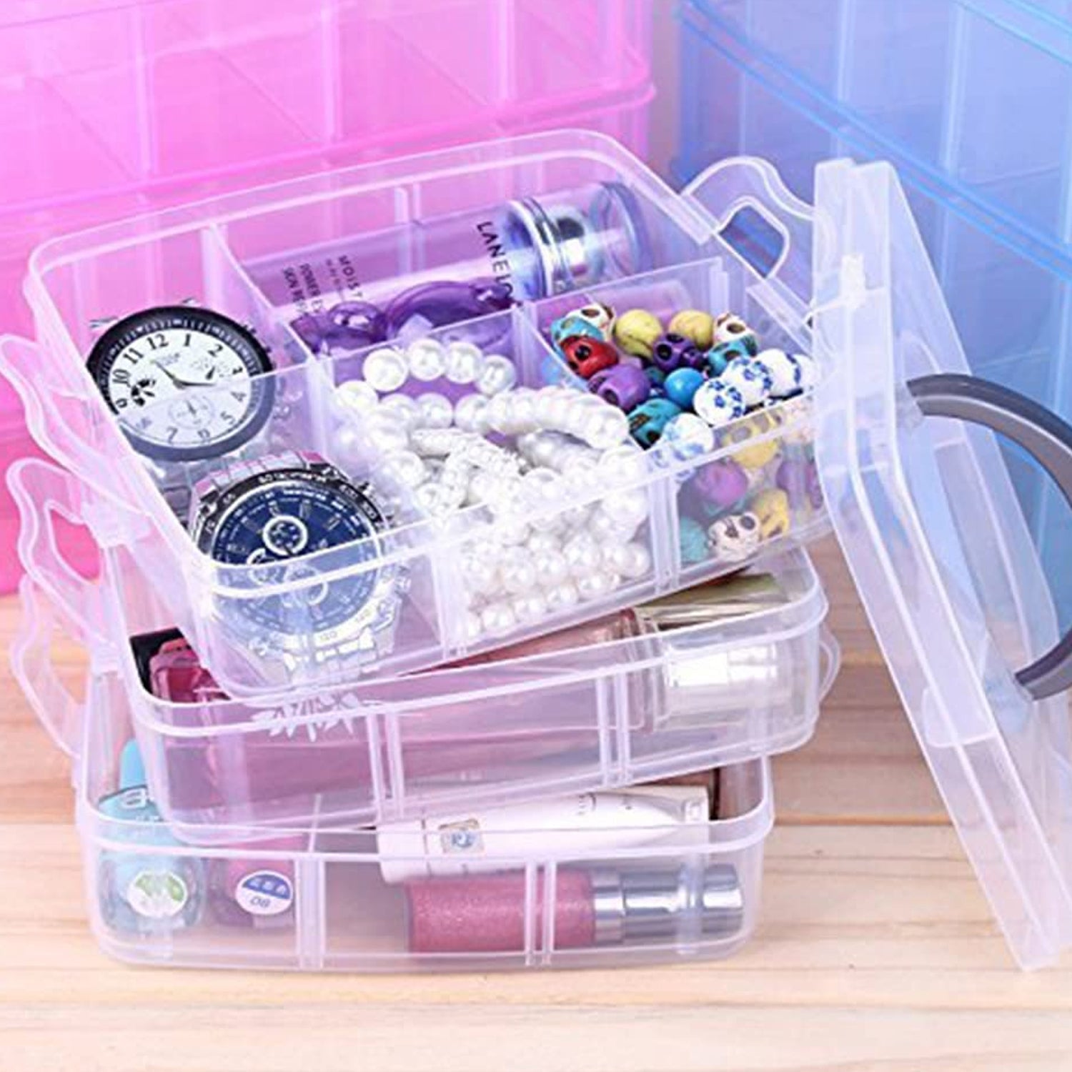 3-Tier 18 Sections Transparent Stackable Adjustable Compartment Slot Plastic Craft Storage Box Your Brand