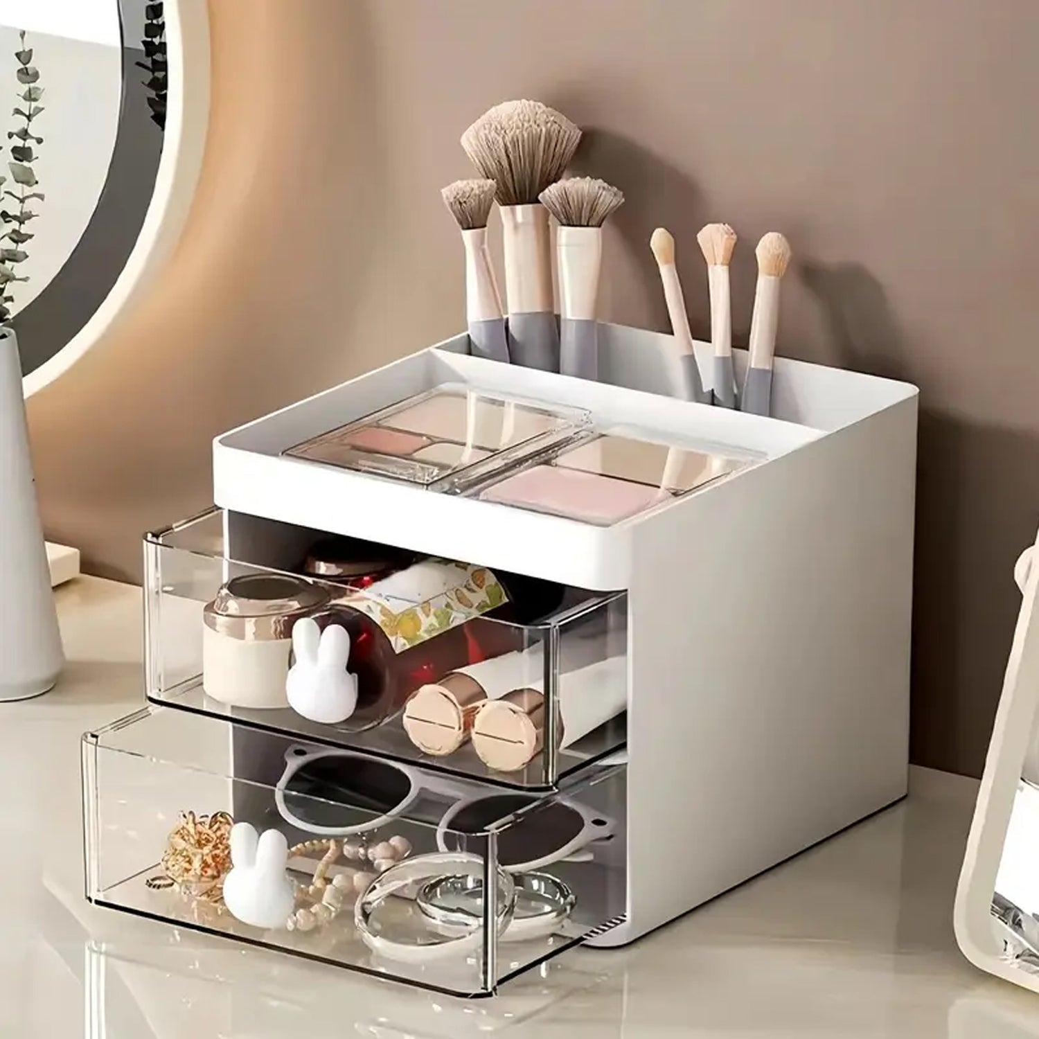 2 Layer 5 Compartment Desk Organizer with Transparent Drawer (1 Pc / 15×13×11 Cm) Your Brand