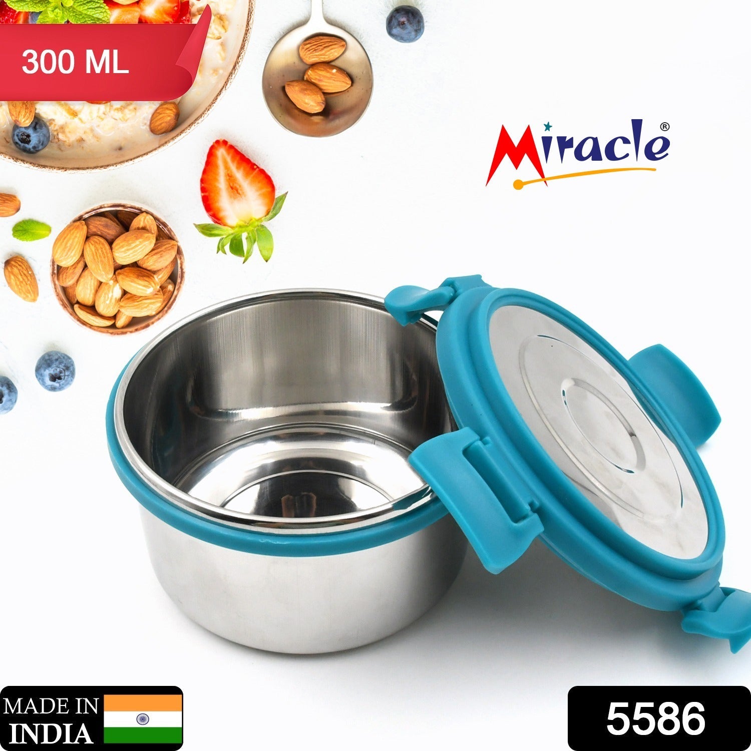 Miracle Solo round Lunch box High Grade Stainless Steel Double Wall Insulated 300ML Food Container 4 Lock Clip Leak Proof Lid, Best Return Gift for Any Occasion (1 Pc) Your Brand