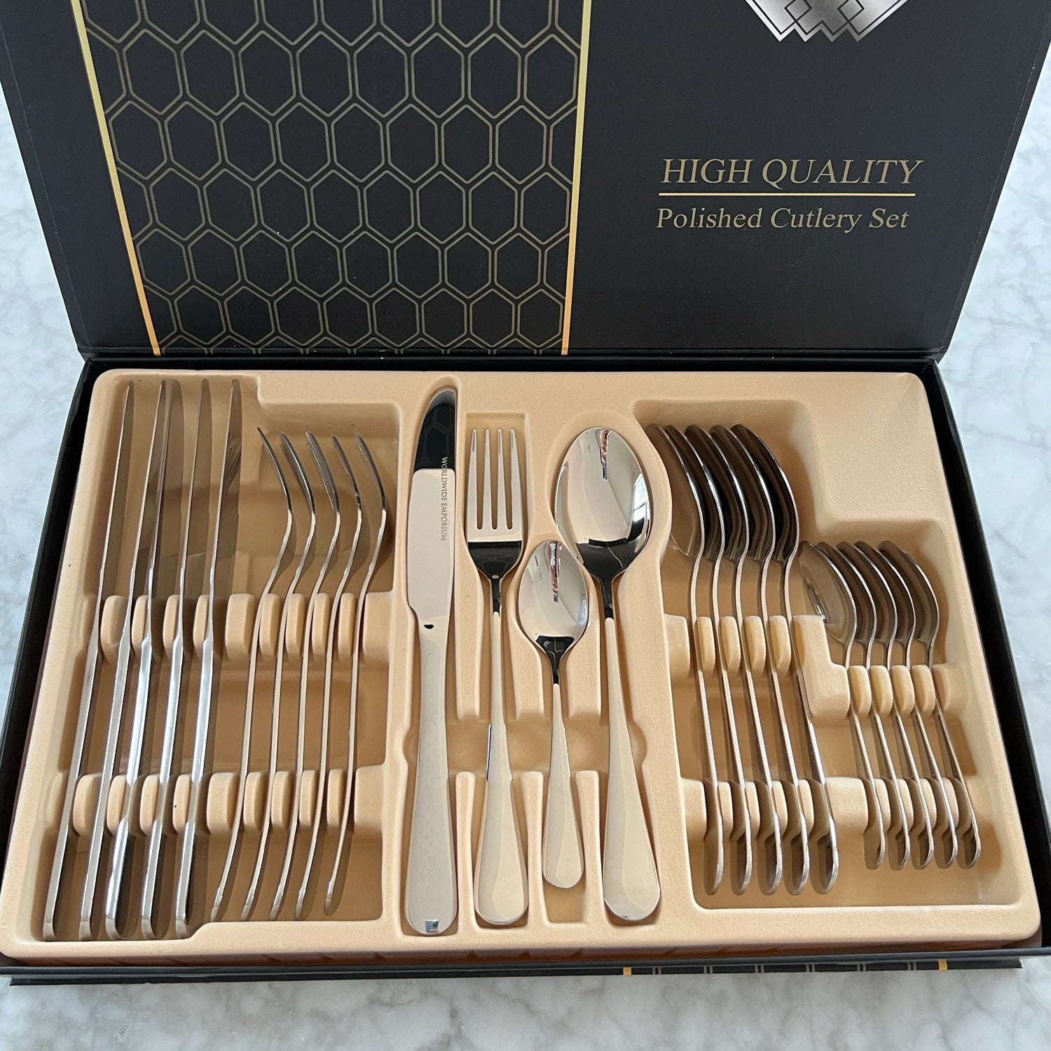 Premium Silver Daily Use Cutlery Set Stainless Steel Luxury Combo Set of 24 Your Brand