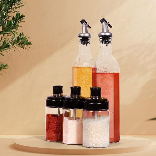 Transparent Glass Oil Dispenser 500 ML Bottle Set of 2, Spice Jar 250 ML Set of 3, Oil Bottle for Kitchen, Oil & Vinegar Storage Glass Bottle, Glass Container for Spice, Masala (5 Pcs Set) Your Brand