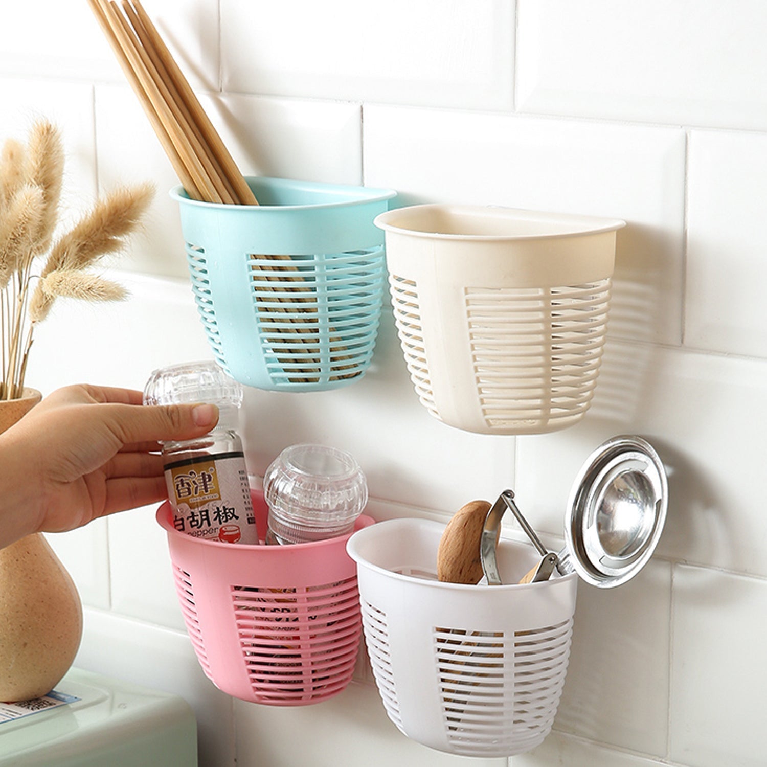 Hanging Plastic Storage Basket, Adhesive Wall Mounted Organizer Box Make Up Holder Shelf Bathroom Wall Basket Punch Free Drain Basket for Kitchen Bathroom, Wall Type Storage Basket (1 Pc) Your Brand