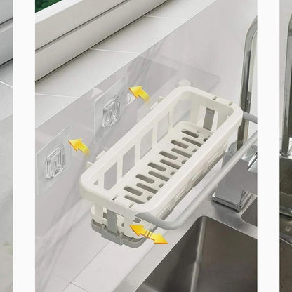 Multipurpose Platic Hanging Drain Rack Retractable Sponge Storage Hanging Rack With Adhesive Hook for Kitchen and Bathroom Dishcloth Holders Basket Drying Tray Organizer Your Brand