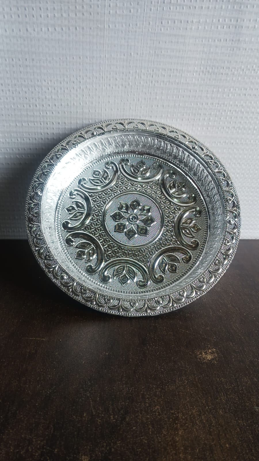 Traditional Silver Finish Plastic Pooja Thali (1 Pc) Your Brand