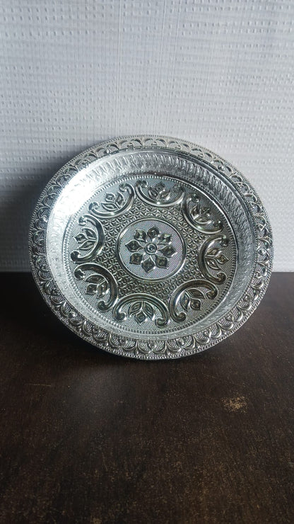 Traditional Silver Finish Plastic Pooja Thali (1 Pc) Your Brand