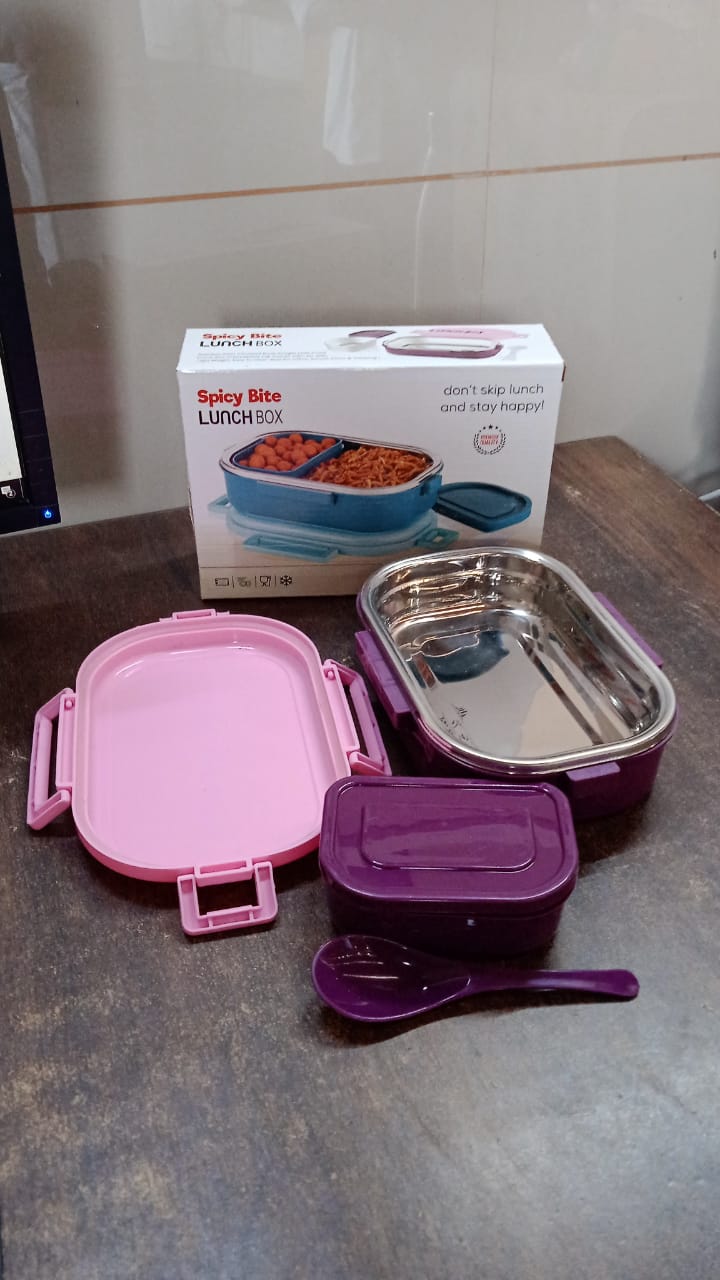 3 in 1 Spicy Bite Stainless Steel Lunch Box With Plastic Small Box & Spoon (1 Set) Your Brand