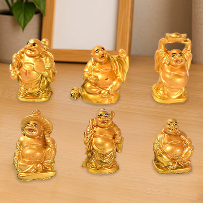 Golden Laughing Buddha Set Of Six Pieces Statue For Happiness, Wealth & Good luck Decor For Wealth and Success (6 Pcs Set) Your Brand