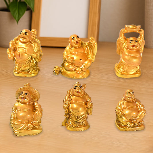 Golden Laughing Buddha Set Of Six Pieces Statue For Happiness, Wealth & Good luck Decor For Wealth and Success (6 Pcs Set) Your Brand