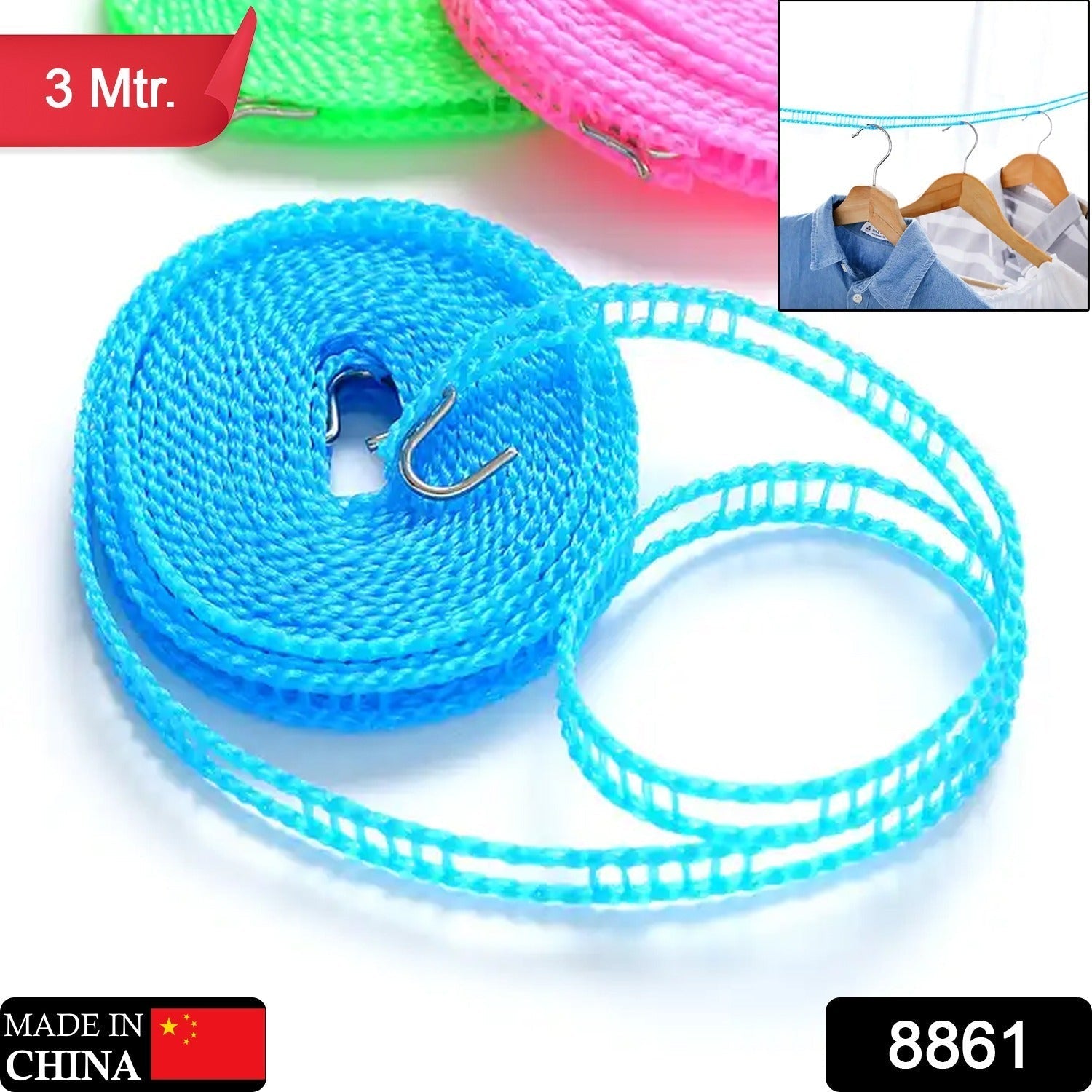 3 Meter Anti-Slip Clothesline Rope - Nylon, Hooks, Indoor/Outdoor Your Brand