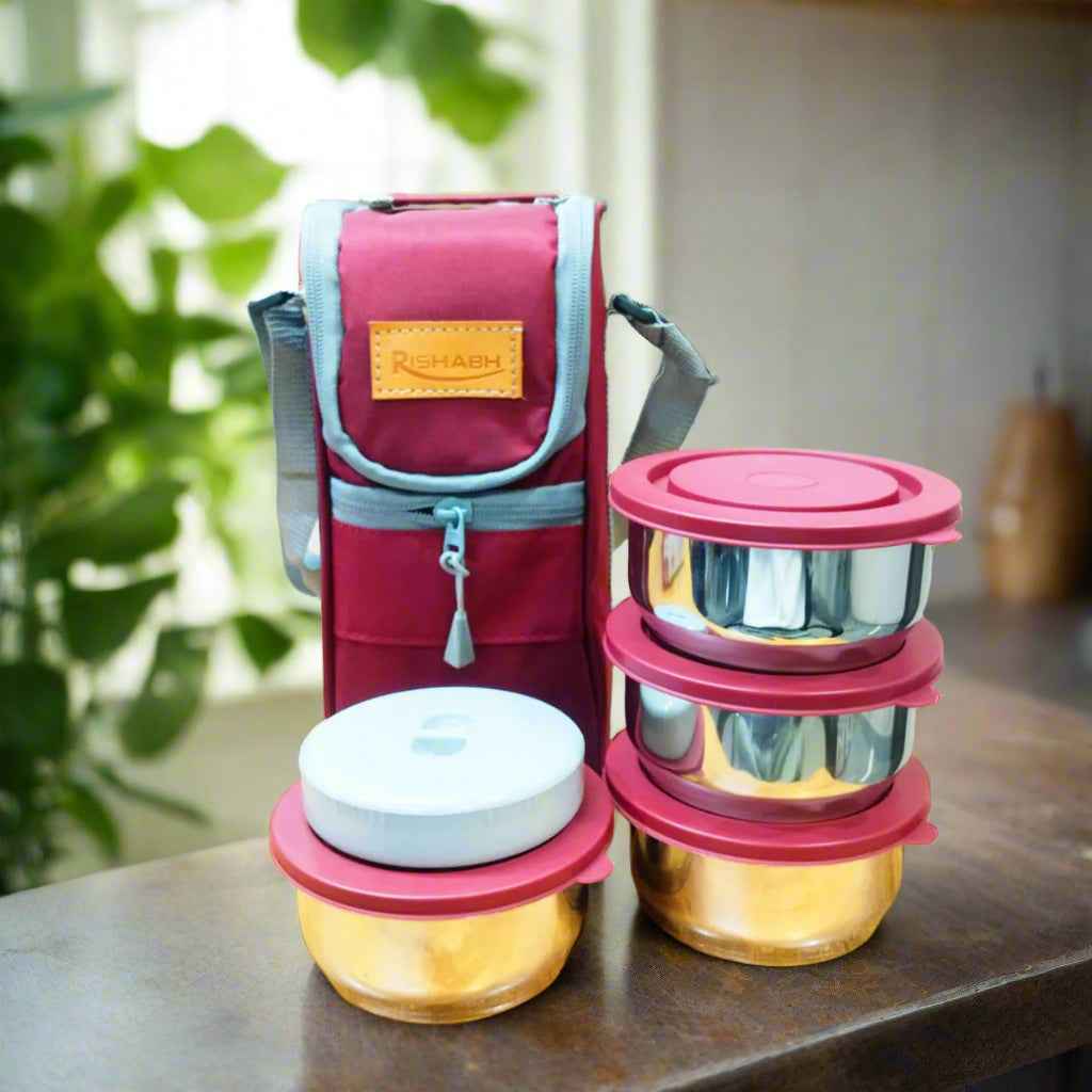 Rishabh Steel Bite 4 Container Lunch Box WIth Lunch Bag
